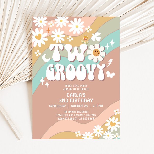 Invitation Deux Groovy Beige Vert Daisy Hippie 2ème Anniversa (Créateur téléchargé)