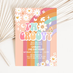 Invitation DEUX Groovy Daisy Hippie 70's Rétro 1er Anniversai