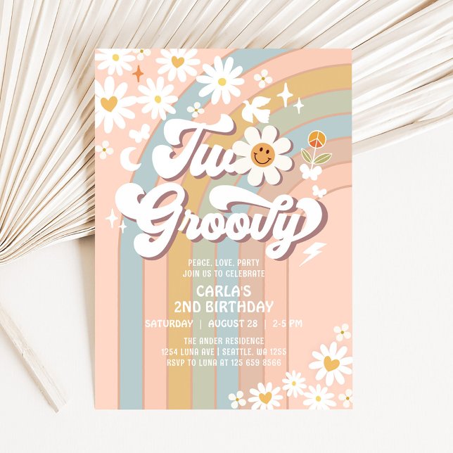 Invitation DEUX Groovy Daisy Hippie 70's Rétro 2ème Anniversa (Créateur téléchargé)