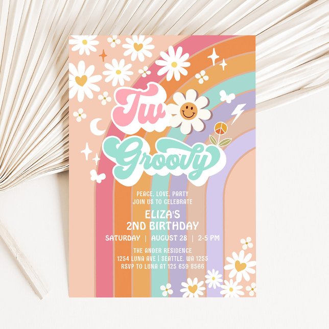 Invitation Deux Groovy Hippie Daisy Rainbow 2e Anniversaire (Créateur téléchargé)