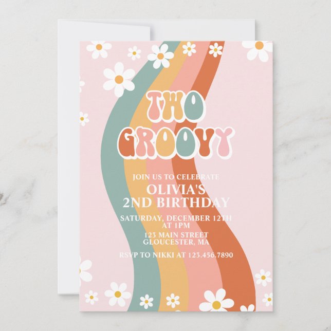 Invitation Deux Groovy Retro anniversaire 2 ans daisy arc-en- (Devant)