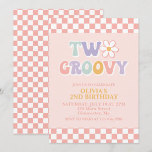 Invitation Deux Groovy Retro Daisy et Checker 2e Anniversaire