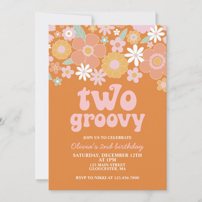 Invitation deux Groovy Retro Floral 2e anniversaire (Devant)