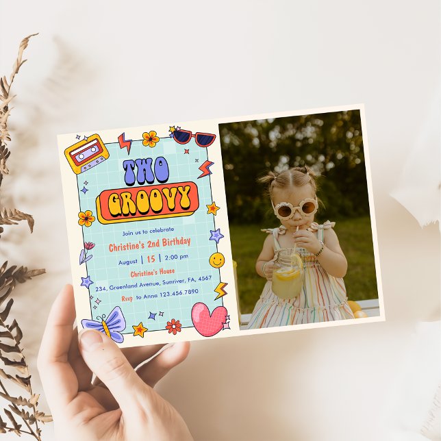 Invitation Deux Groovy Retro Hippie 2e fête d'anniversaire Ph (Créateur téléchargé)