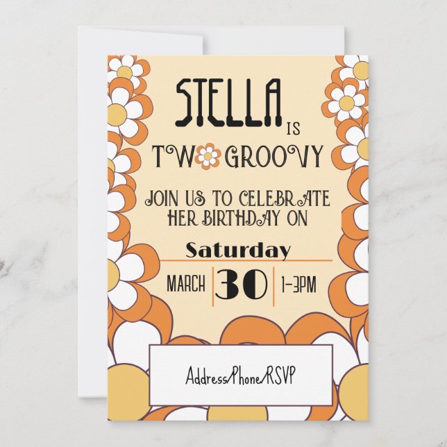 Invitation Deux Groovy Rétro Orange Fête des Fleurs 2ème Anni (Devant)