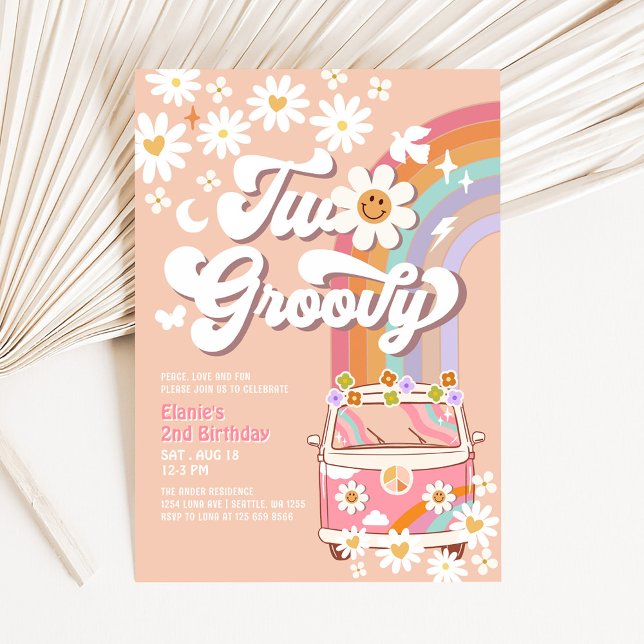 Invitation Deux Groovy Rose Fleur Rainbow Hippie 2ème Anniver (Créateur téléchargé)