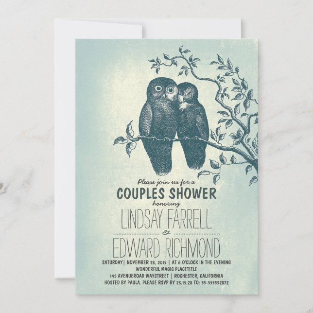 Invitation deux hiboux en amour & arbre branche couples douch (Devant)