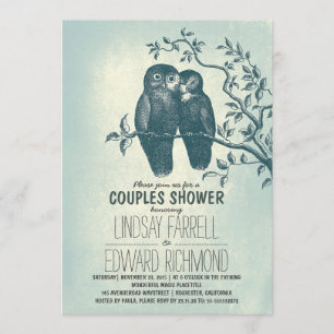 Invitation deux hiboux en amour & arbre branche couples douch