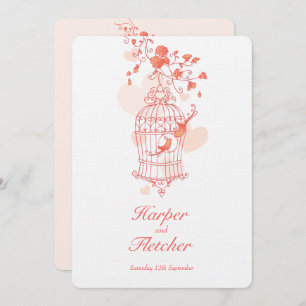 Invitation Deux inséparables ouvrent la cage à oiseaux corail