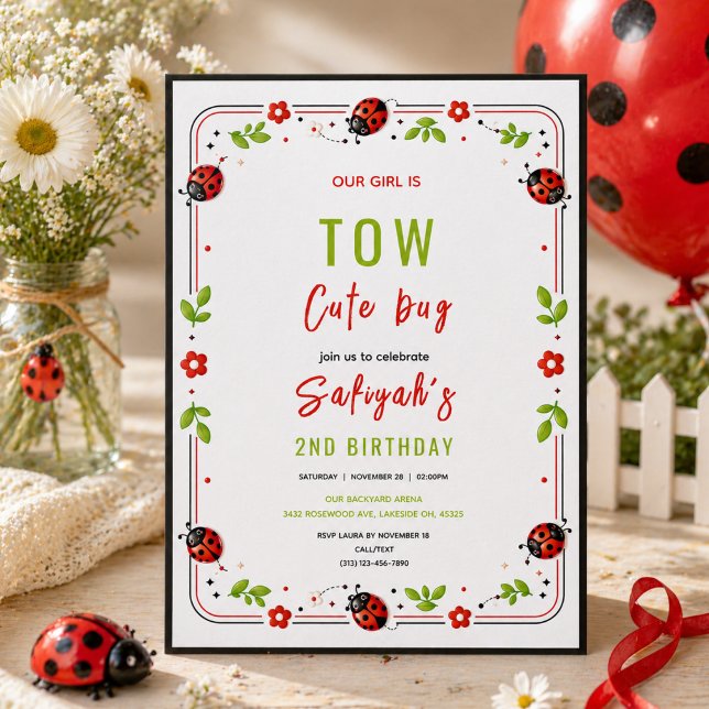 Invitation Deux jolies coccinelles Fête d'anniversaire de 2 a (Two Cute Ladybug 2nd Birthday Party for Kids Invitation
)