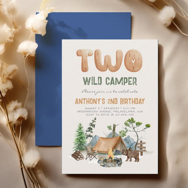 Invitation Deux joyeux campeurs en forêt pour un 2e anniversa (Créateur téléchargé)
