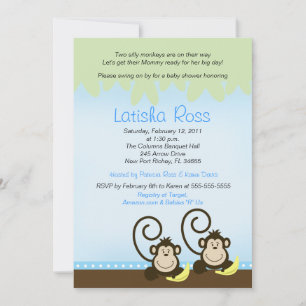 Invitation Deux jumeaux Silly Monkeys Boys Baby shower 5x7