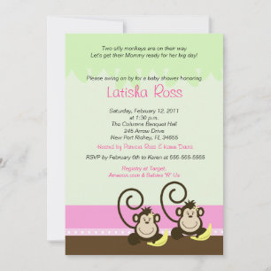 Invitation Deux jumeaux Silly Monkeys Girls Baby shower 5x7