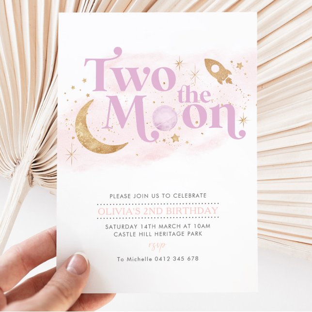 Invitation Deux La Lune 2e Anniversaire Fille Purple Or (Créateur téléchargé)