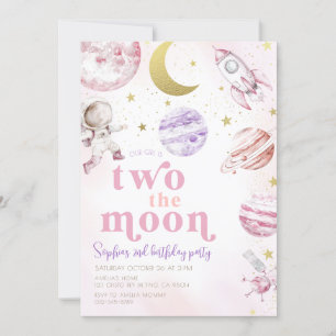 Invitation Deux la lune fille d'anniversaire fille d'argent