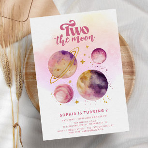 Invitation Deux la lune rose fille 2e anniversaire