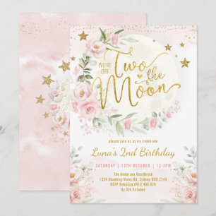 Invitation Deux la lune rose or florale 2e anniversaire fille