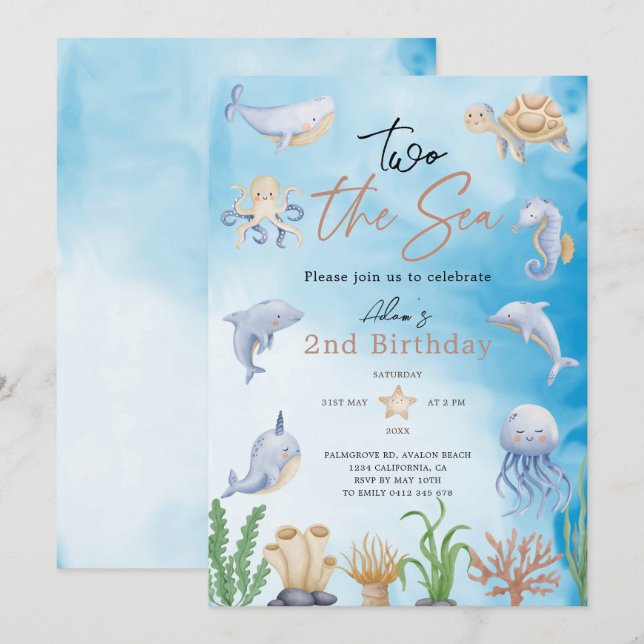 Invitation Deux la mer, aquarelle sous la mer 2e anniversaire (Devant / Derrière)