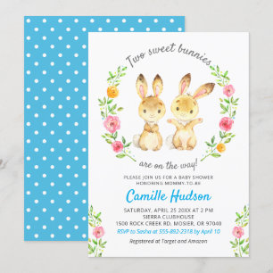 Invitation Deux Lapins Sucrés Sur Le Chemin Baby shower Twin 