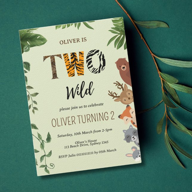 Invitation Deux lettres d'animaux sauvages vert 2e anniversai (Créateur téléchargé)