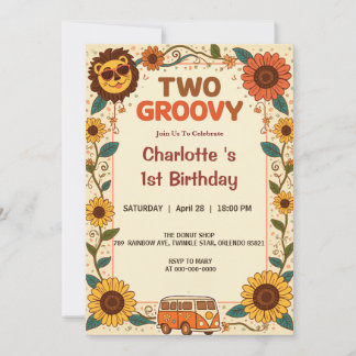 Invitation Deux Lion Groovy Anniversaire Rétro 70s 2ème Anniv