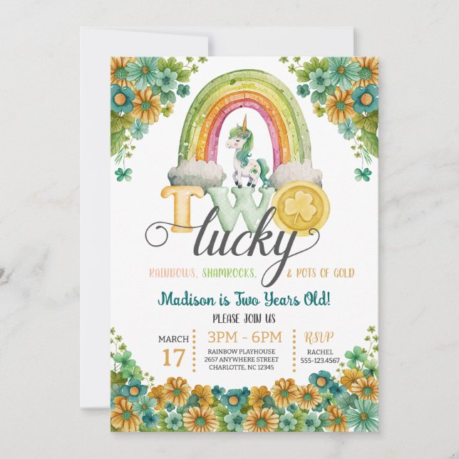 Invitation Deux Lucky Rainbow Unicorn Sunflower 2e anniversai (Devant)