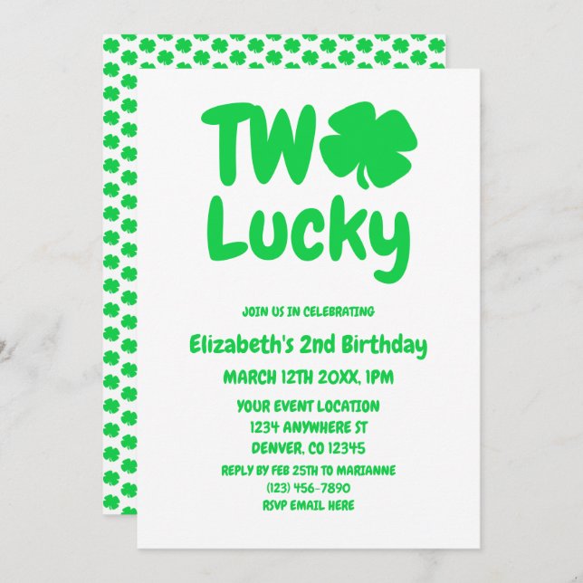 Invitation Deux Lucky St Patrick's Day 2e anniversaire (Devant / Derrière)
