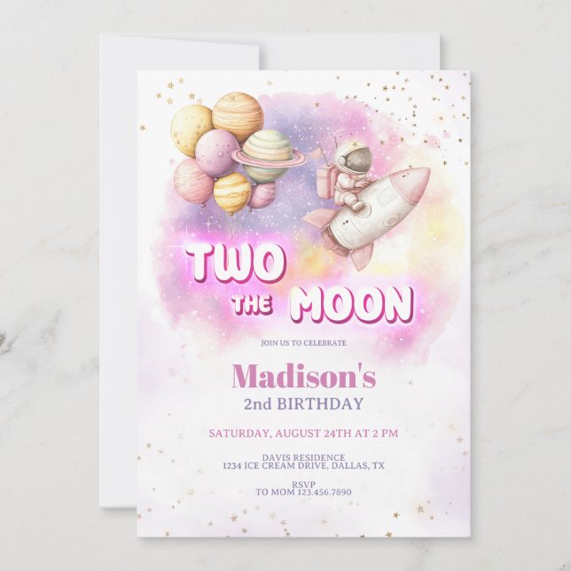 Invitation Deux lune fille anniversaire, Pastel Outerspace (Devant)