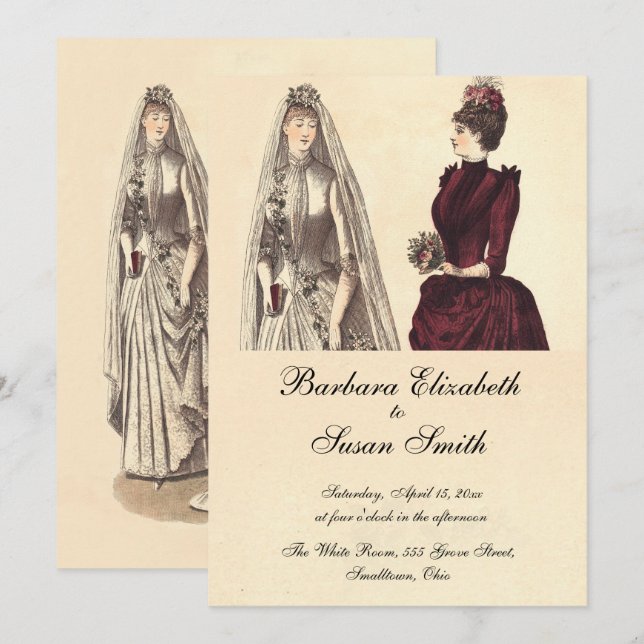 Invitation Deux mariées mariage vintage (Devant / Derrière)