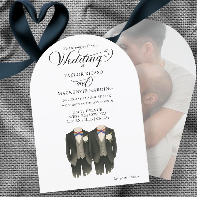 Invitation Deux mariés en Rainbow Cravate photo Mariage gay (Two grooms in Rainbow Ties Gay Wedding photo Invitation by Ricaso exclusive to Zazzle)