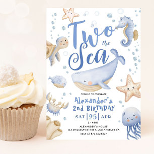 Invitation DEUX Mer 2e anniversaire Boy Blue Cute Ocean