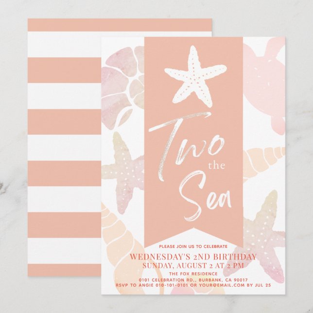Invitation Deux mer Starfish Coral rose 2e anniversaire Invit (Devant / Derrière)