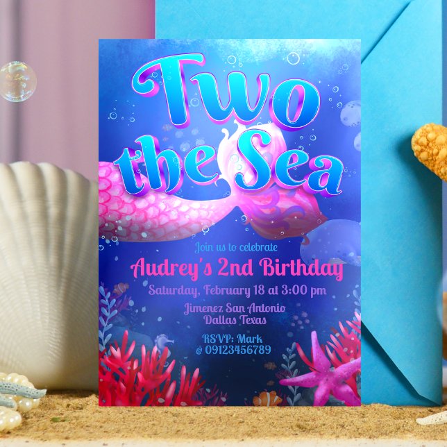 Invitation Deux mers - Sirène (Two the Sea - Girl Mermaid 2nd Birthday Invitation )