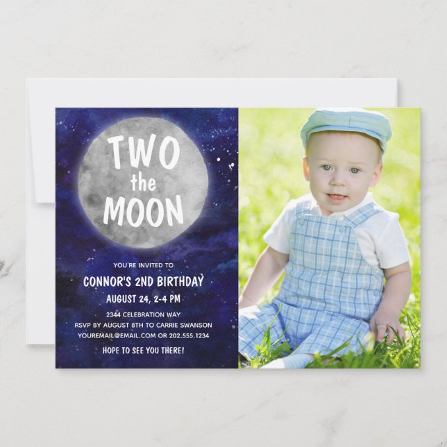 Invitation Deux Moon Blue Boy 2e fête d'anniversaire Photo (Devant)
