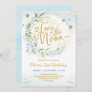 Invitation Deux Moon Blue Gold Floral 2e anniversaire garçon