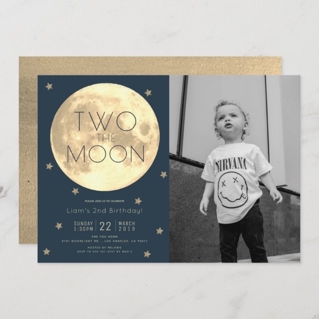 Invitation Deux Moon Navy Blue Boy Photo 2e anniversaire (Devant / Derrière)