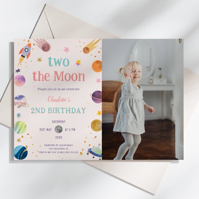 Invitation Deux Moon Pastel Outerspace Photo 2e anniversaire (Two the Moon Pastel Outerspace - Space 2nd Photo Birthday Invitation )