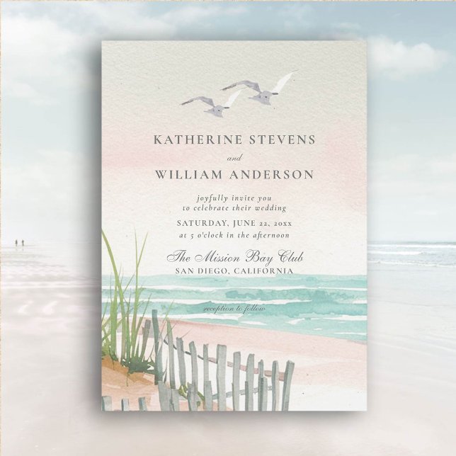 Invitation Deux mouettes Ocean Beach Fence Art Mariage élégan (beach wedding invitation dreamy watercolor ocean fence seagulls formal modern classic)