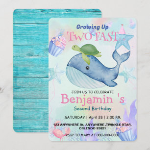 Invitation Deux mûres bleu mer corail tortue baleine Annivers