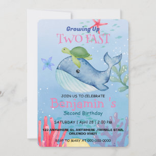 Invitation Deux mûres bleu mer corail tortue baleine Annivers