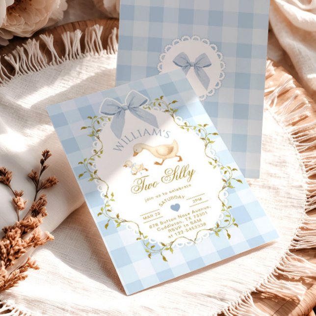 Invitation Deux Oie Idiote Bleu Gingham Garçon 2e Anniversair (Créateur téléchargé)