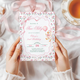 Invitation Deux Oie Idiote Fleur Rose Fille 2e Anniversaire