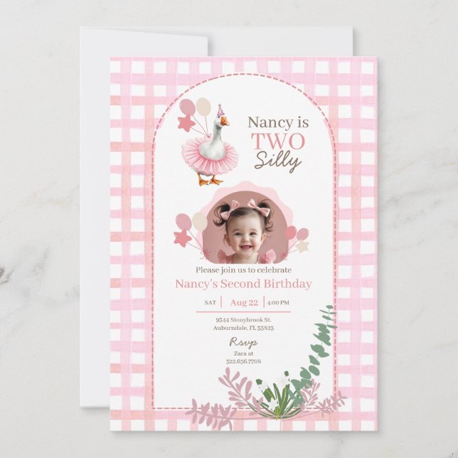 Invitation Deux oie sotte 2e anniversaire Pink Photo Invitati (Devant)