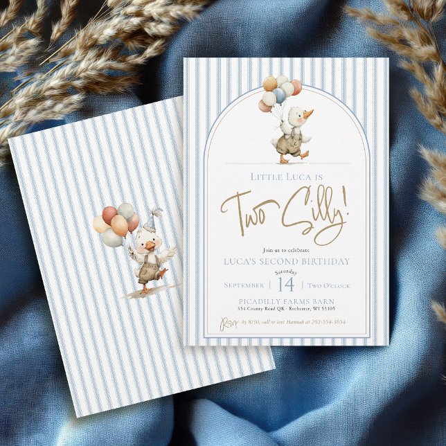 Invitation Deux oie sotte mignonne Pinstripe Boy 2e anniversa (Funny boy second birthday TWO SILLY Goose blue ticking pinstripe arch modern whimsical farm animals)