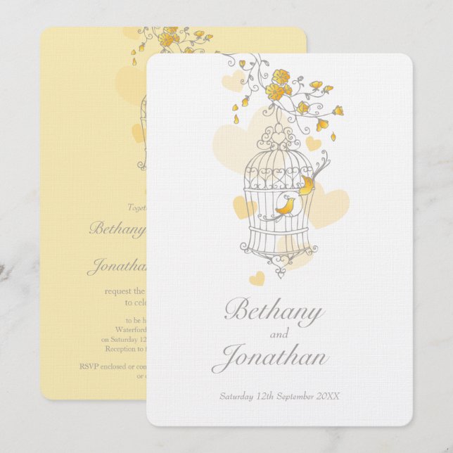 Invitation Deux oiseaux jaunes ouvrent la cage à oiseaux mari (Devant / Derrière)