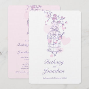 Invitation Deux oiseaux roses ouvrent les coeurs de cage à oi