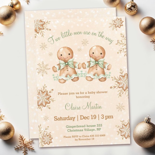 Invitation Deux pain d'épices Hommes Jumeaux Baby shower de N (Two Gingerbread Men Twins Christmas Baby Shower Invitation)