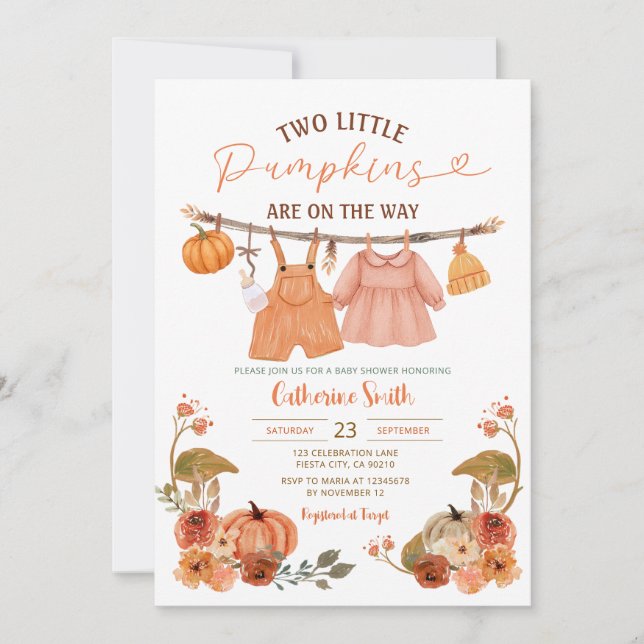 Invitation Deux petites citrouilles linge de bébé shower flor (Devant)
