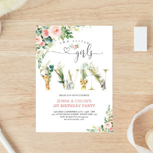 Invitation Deux petites filles JUMELLES Animaux Floraux Anniv