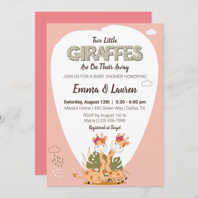 Invitation deux petites girafes baby shower girafe aquarelle (Devant / Derrière)